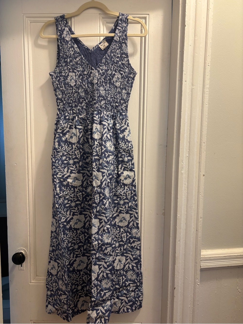 Blue Floral Smocked Maxi Dress with V-Neck